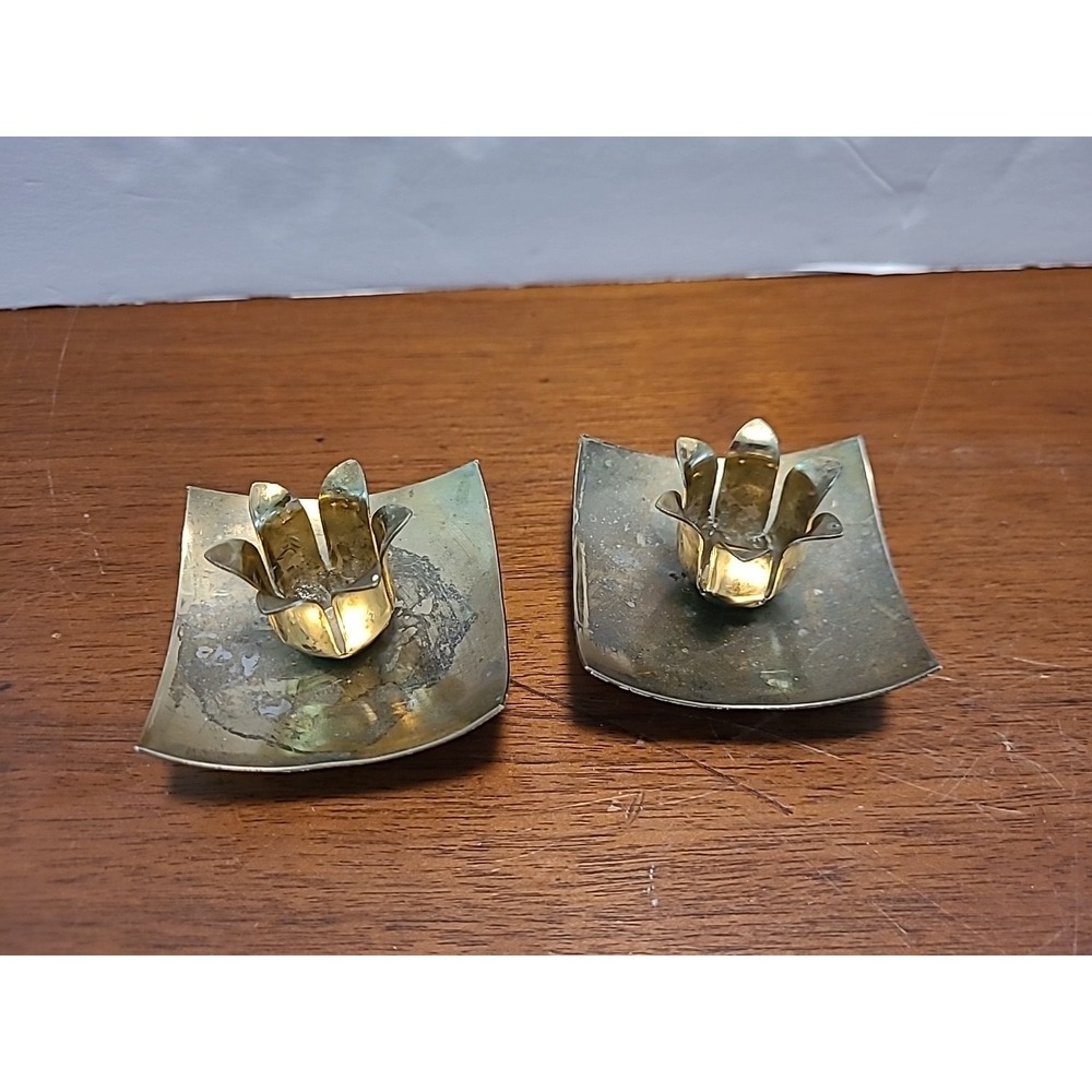 Vintage Mid Century Modern Pair Of Brass Tulip Flower CandleStick Holder Patenia